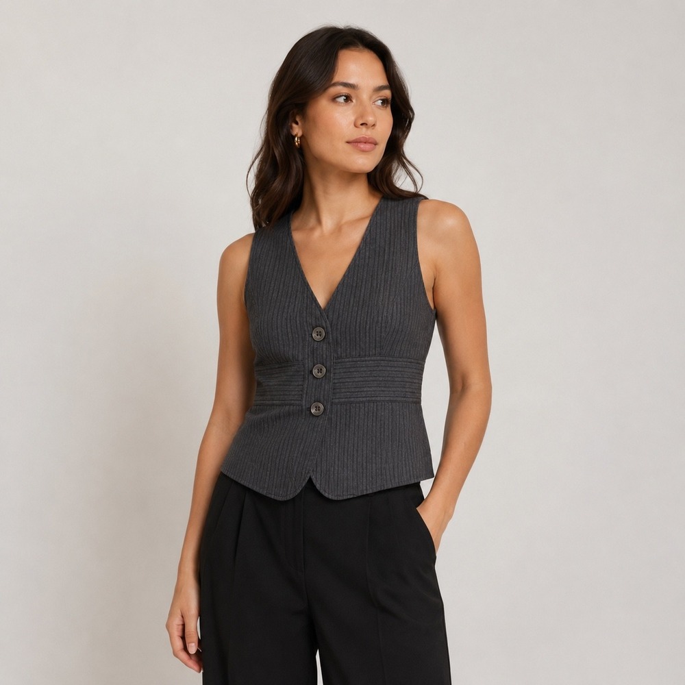 Y2K Fashion Bug Charcoal Grey Pinstripe Button Front Vest‎ Womens Large